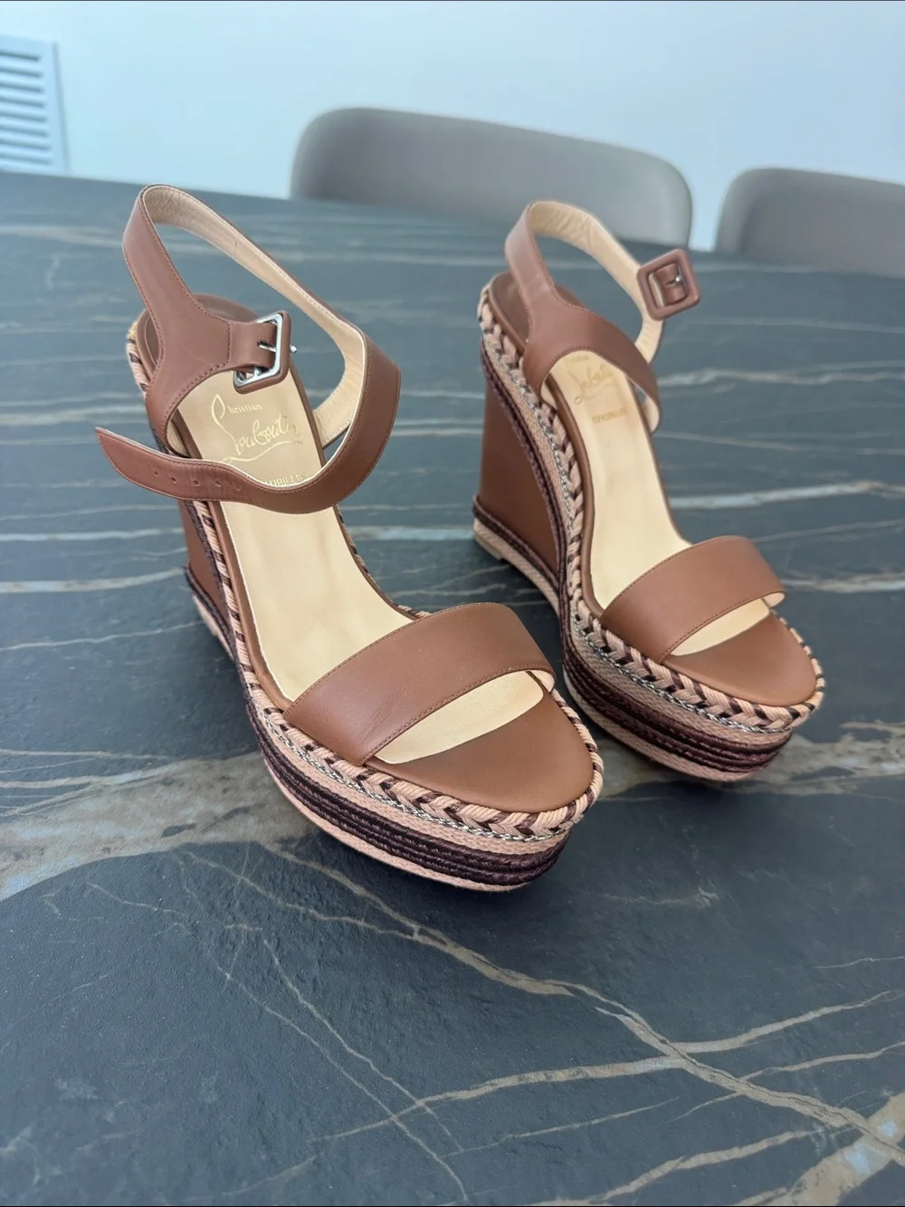 Christian Louboutin Brown Leather Braided Platform Wedge Sandals